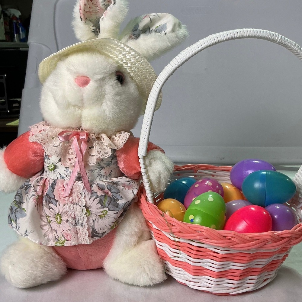 Easter Bunny Plush Floral Dress Basket Plastic Eggs 13in Used